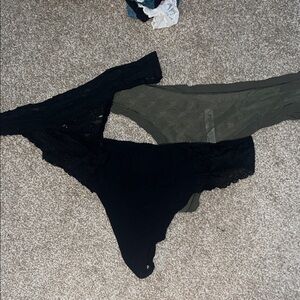 PINK Victoria's Secret Olive and Black Lace Thong Duo
